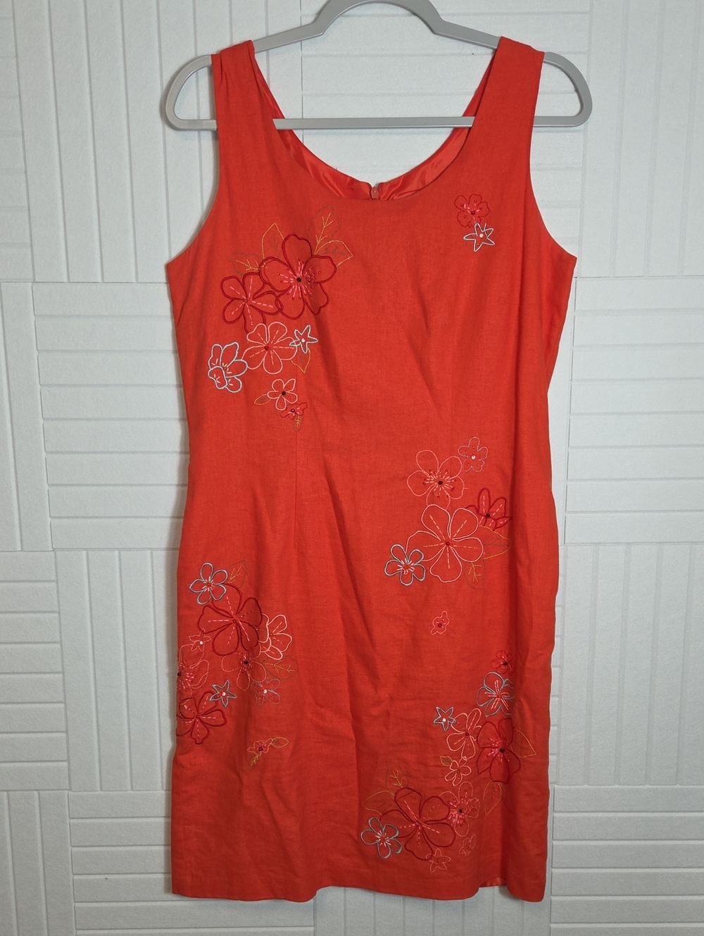 Vintage 90s Dressbarn Linen Blend Embroidered Floral Sheath Dress Coral Size 8